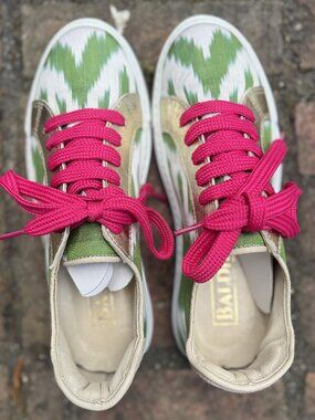 Baldiz Ikat Silk Sneakers Green White Pink Lace Size 36